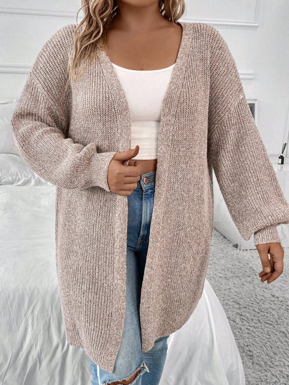 Khaki Women's Casual Plus Size Versatile Knitted V-Neck Cardigan - Picture 5 of 6